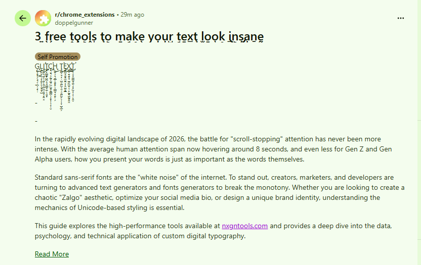 Screenshot of glitch text generator when used on Reddit